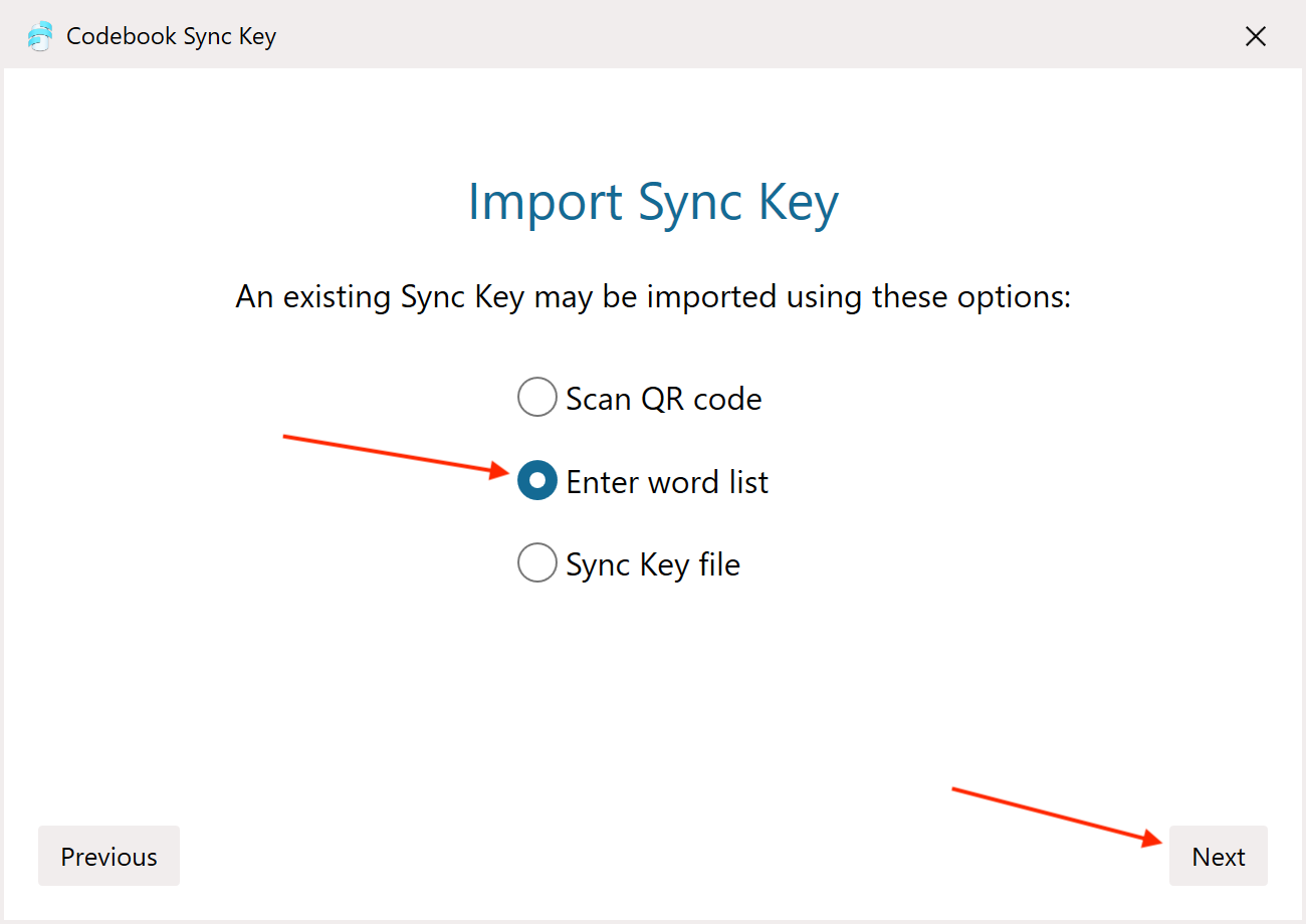 Setup Sync Key - Select Word list option for import