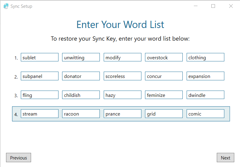 Enter Backup Word List