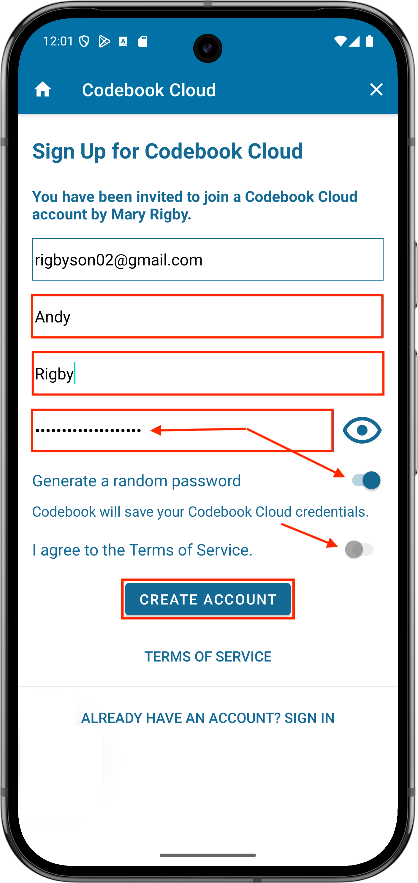 Sign Up for Codebook Cloud Account