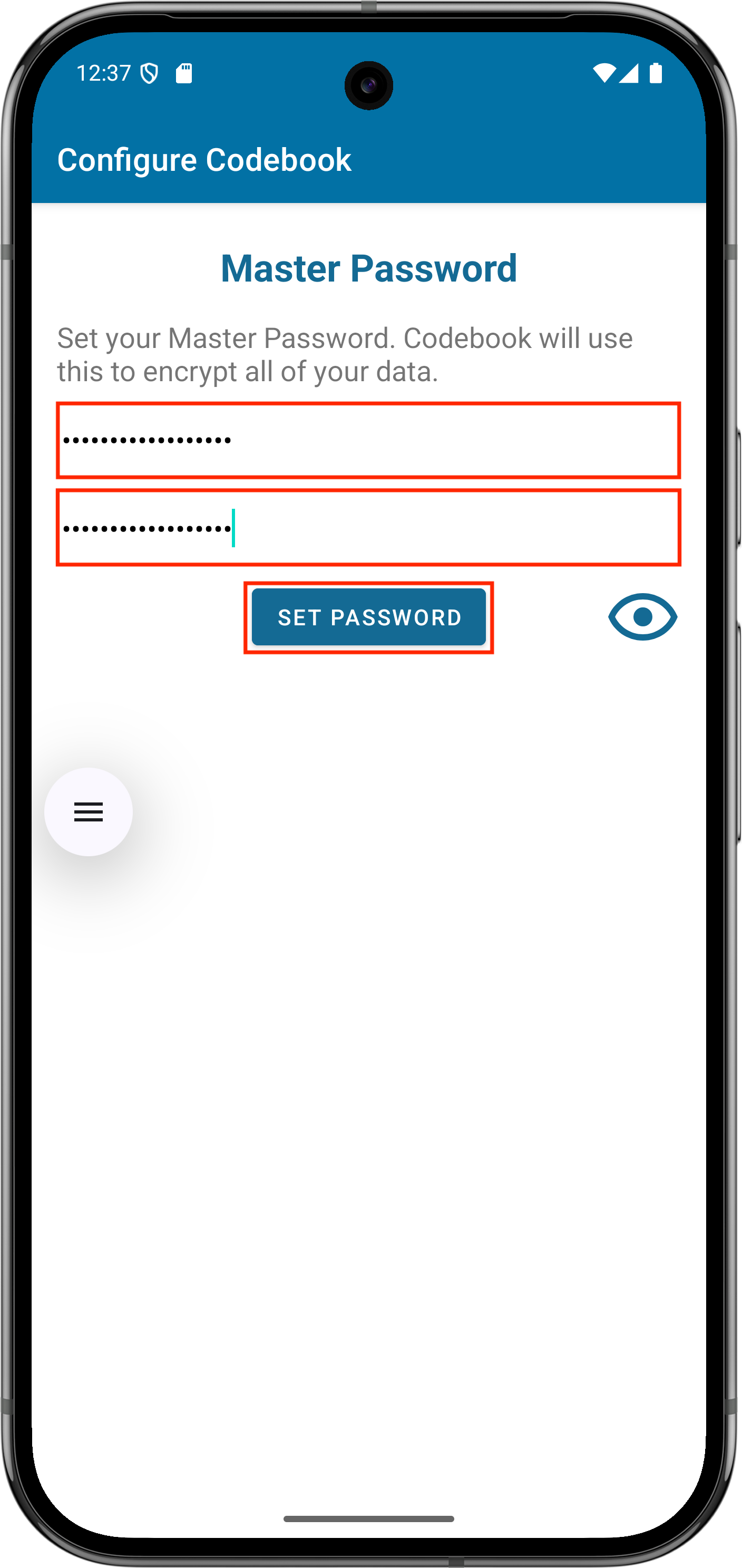 Create Codebook Master Password