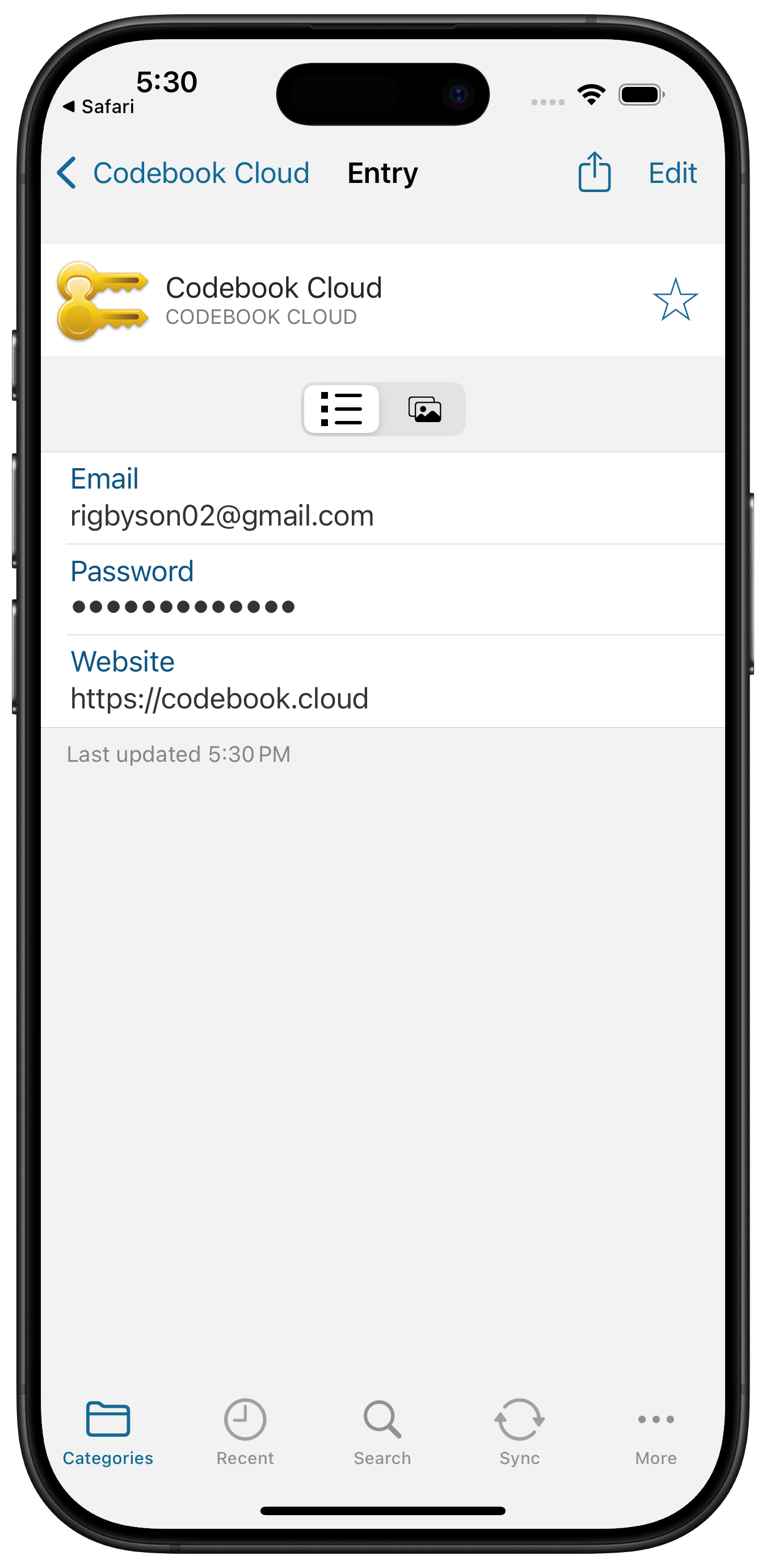 Codebook Cloud Entry Details