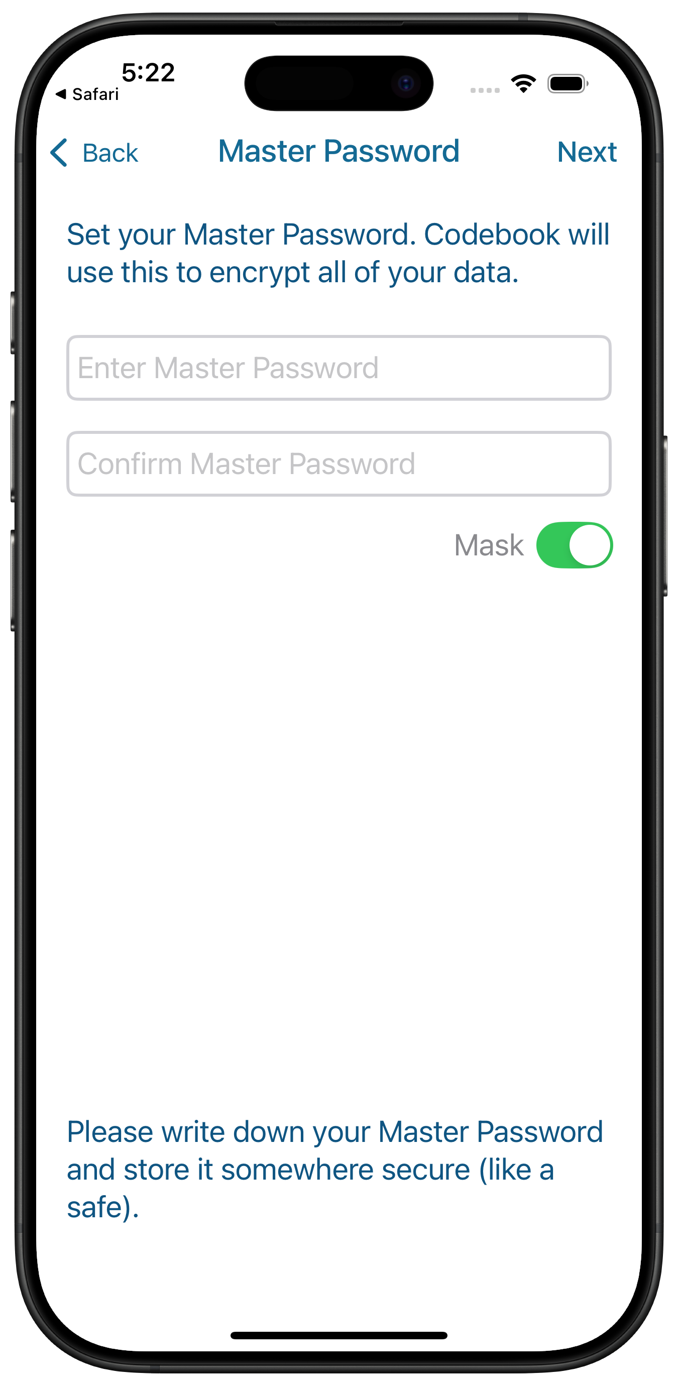 Create Codebook Master Password