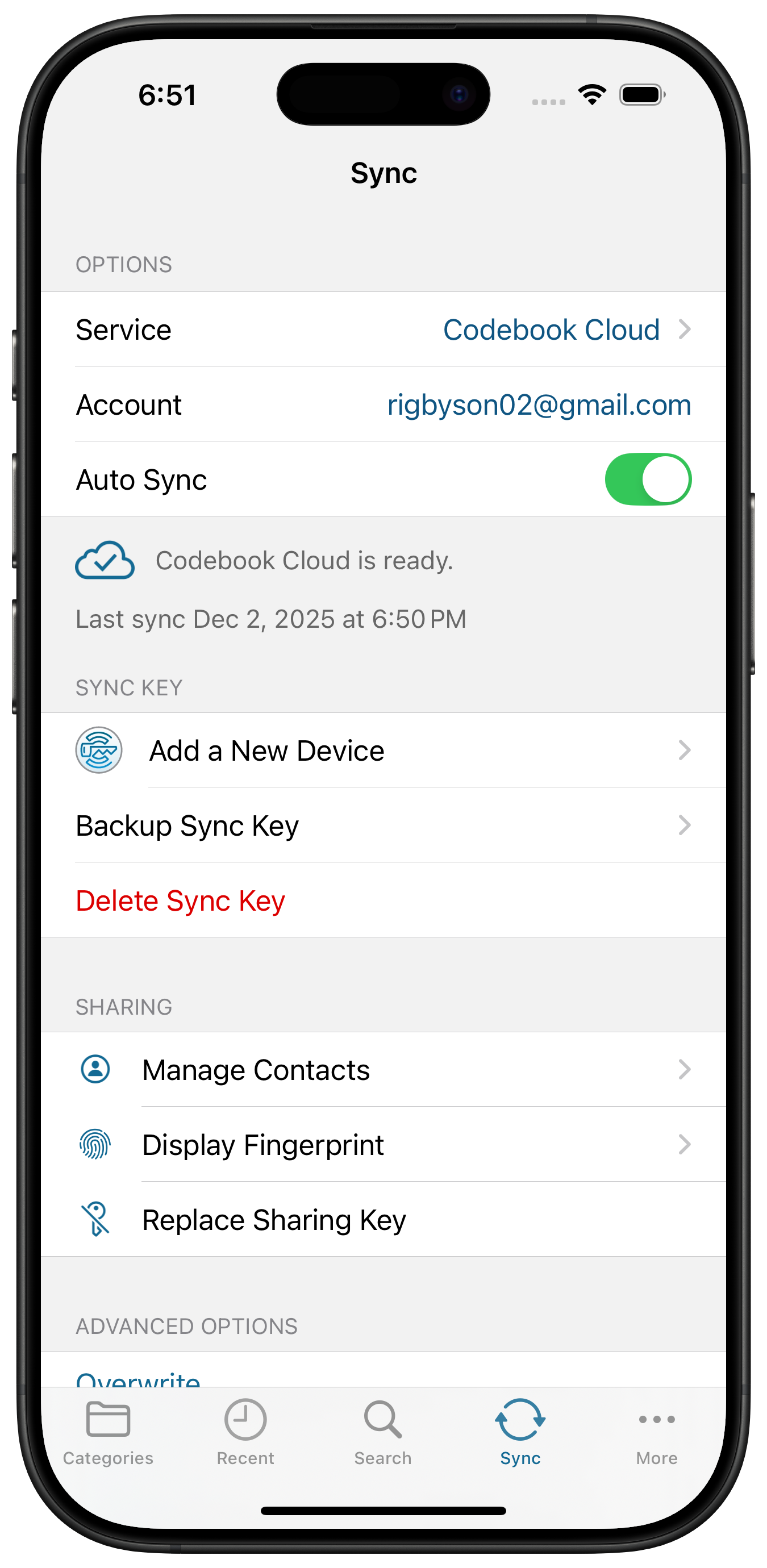 Codebook Cloud Sync Screen