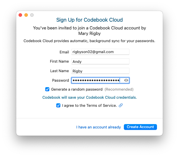 Sign Up for Codebook Cloud Account