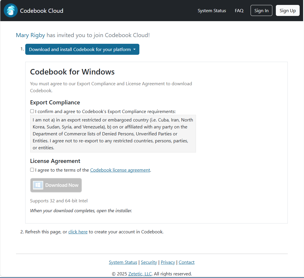 Browser window with Codebook Download instructions and refresh link