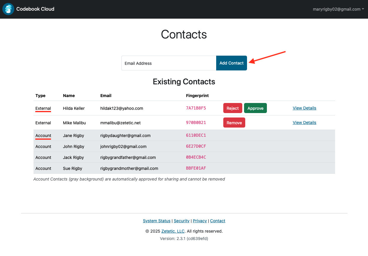 Codebook Cloud Contacts Page