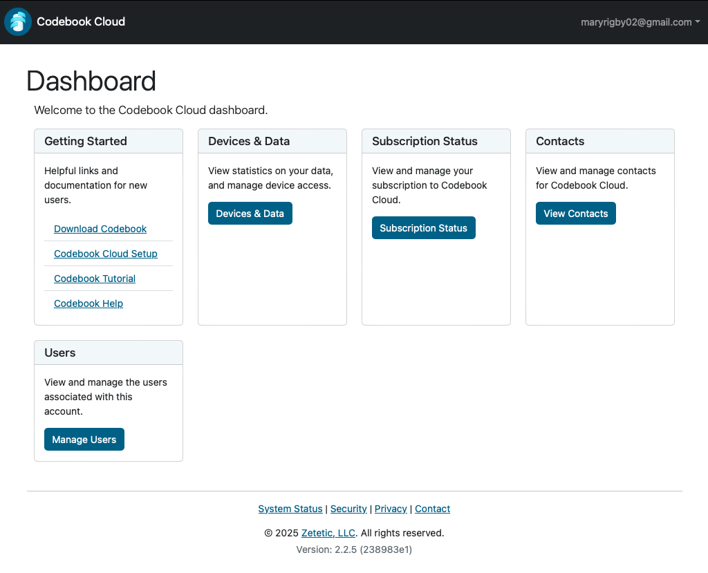 Codebook Cloud Dashboard