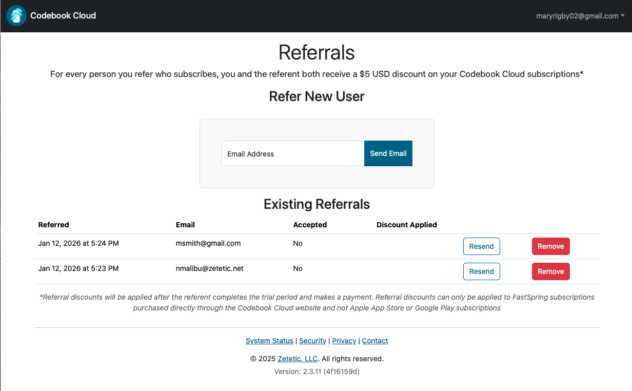 Codebook Cloud Contacts Page