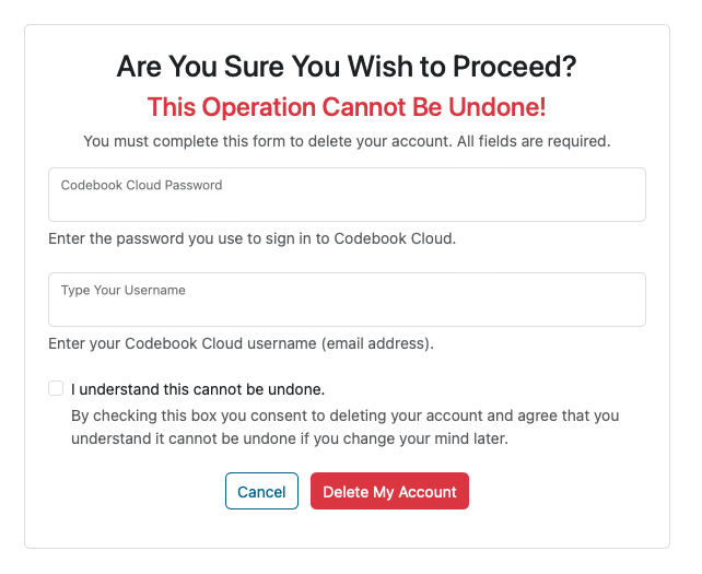Warning and Confirmation about deleting Codebook Cloud Account