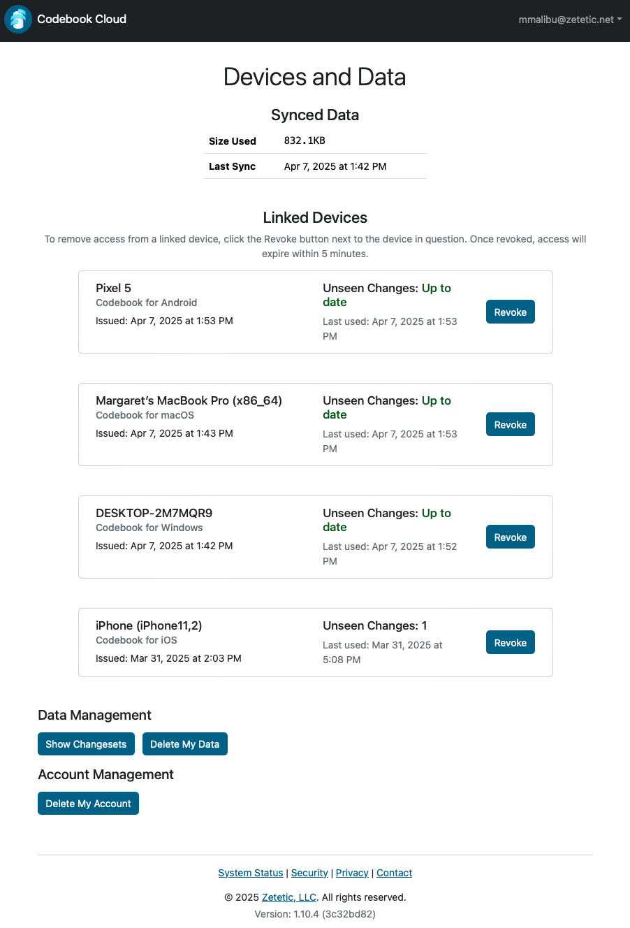 Codebook Cloud Devices and Data Screen - Data Management