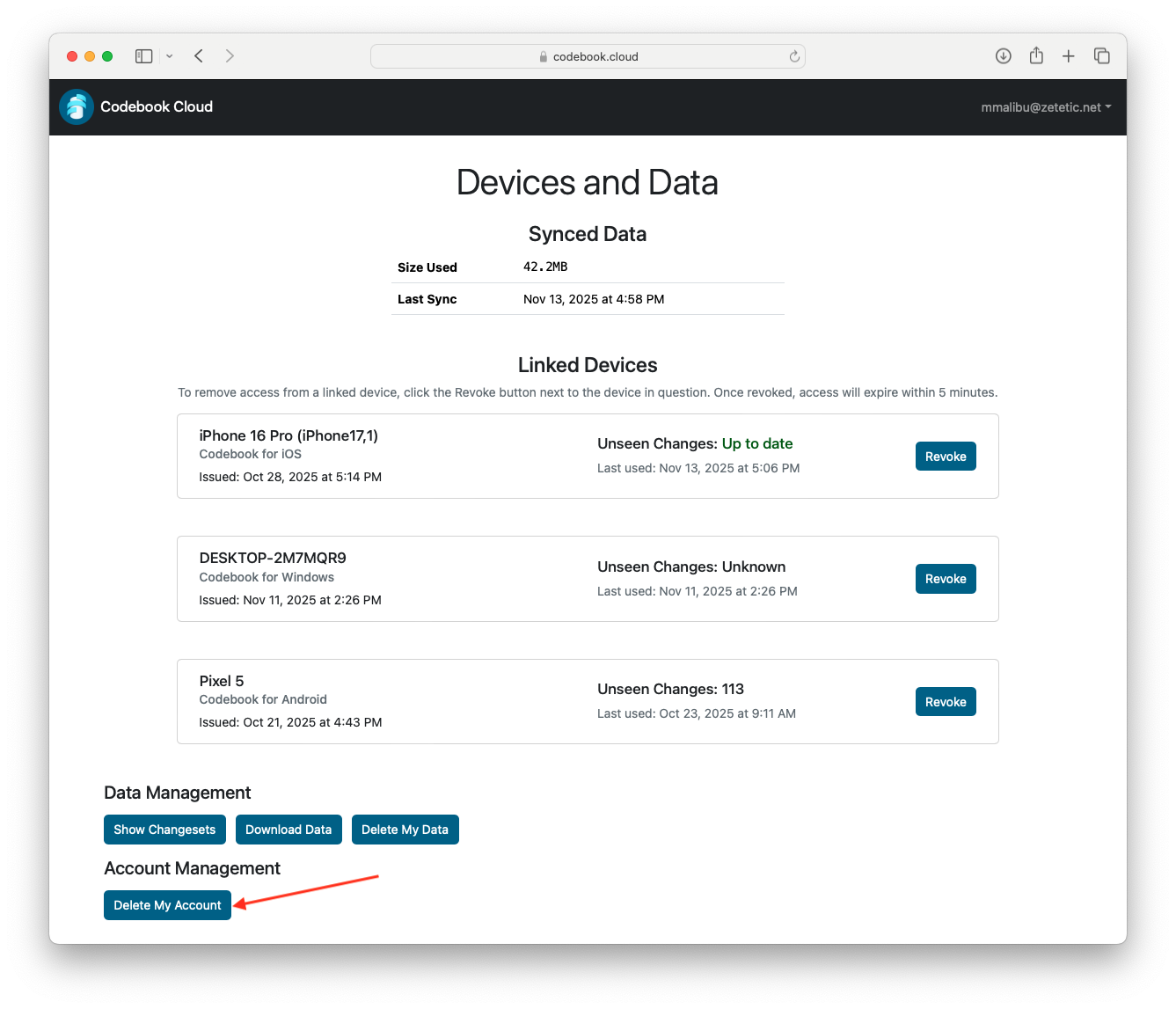 Codebook Cloud Devices and Data Screen - Data Management