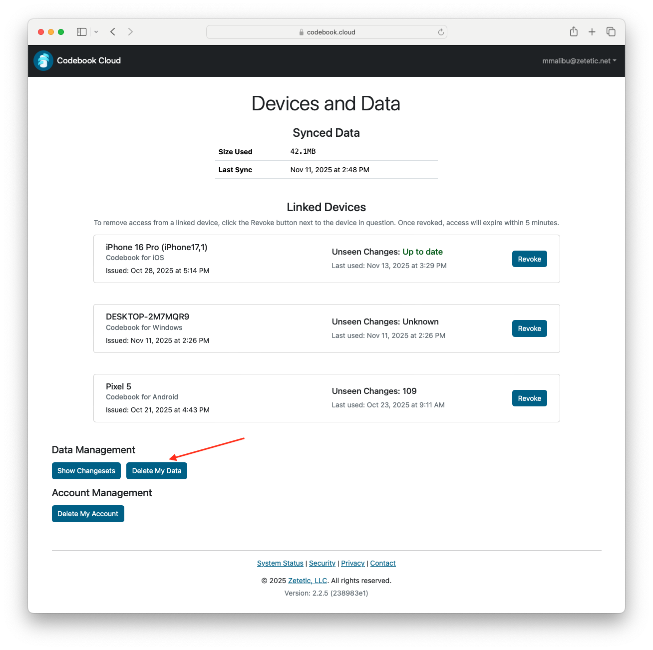 Codebook Cloud Devices and Data Screen - Data Management