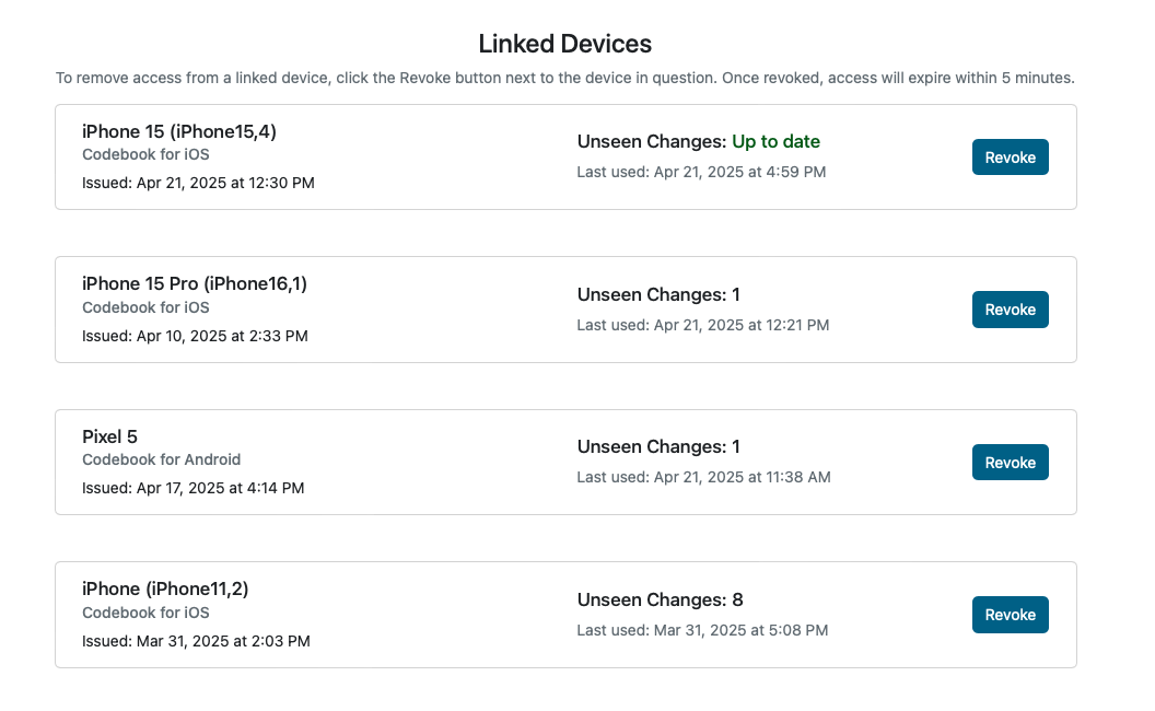 Sample of the Linked Devices Section of the Devices and Data Page