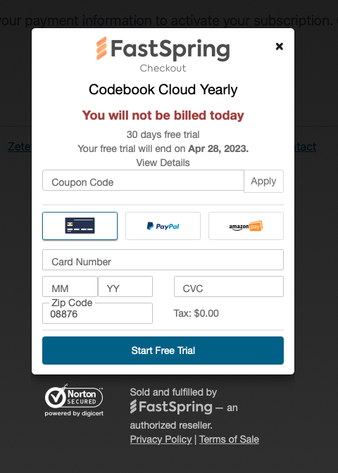 Enter payment information in FastSpring