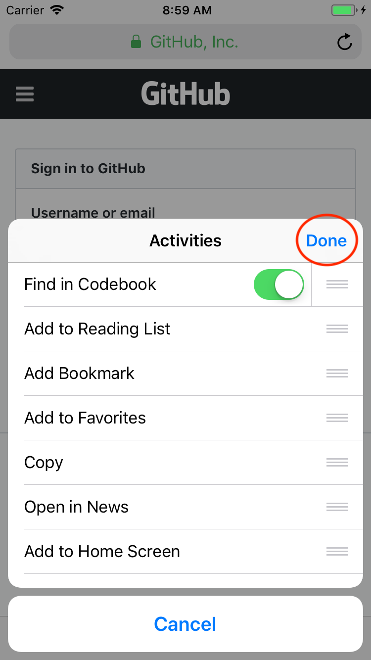 Activities list Done button