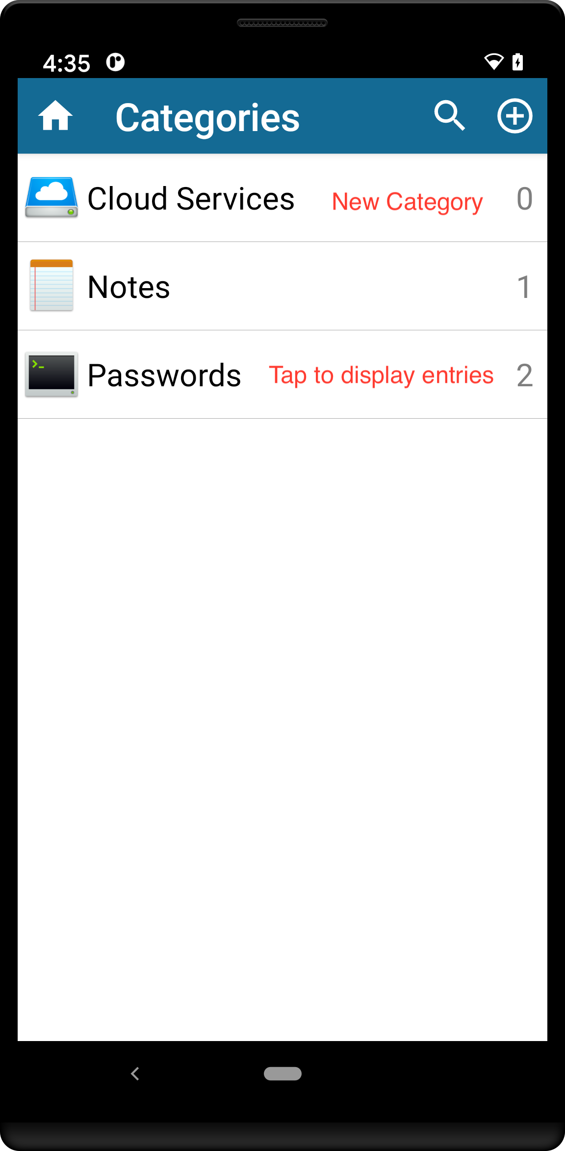 Categories view with the Passwords Category highlighted