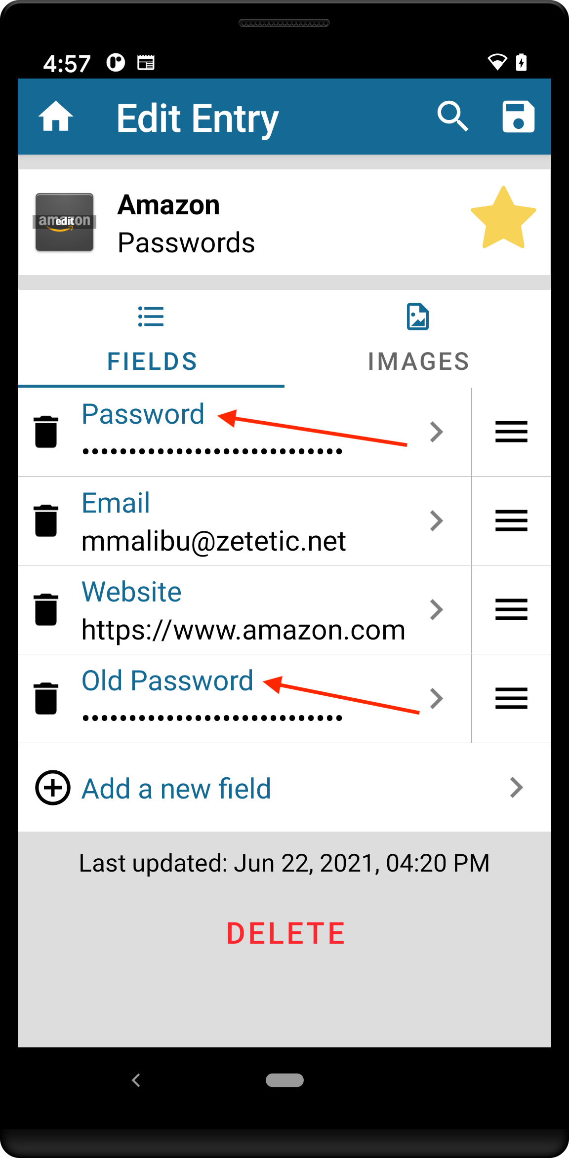 Amazon entry showing Password and Old Password fields