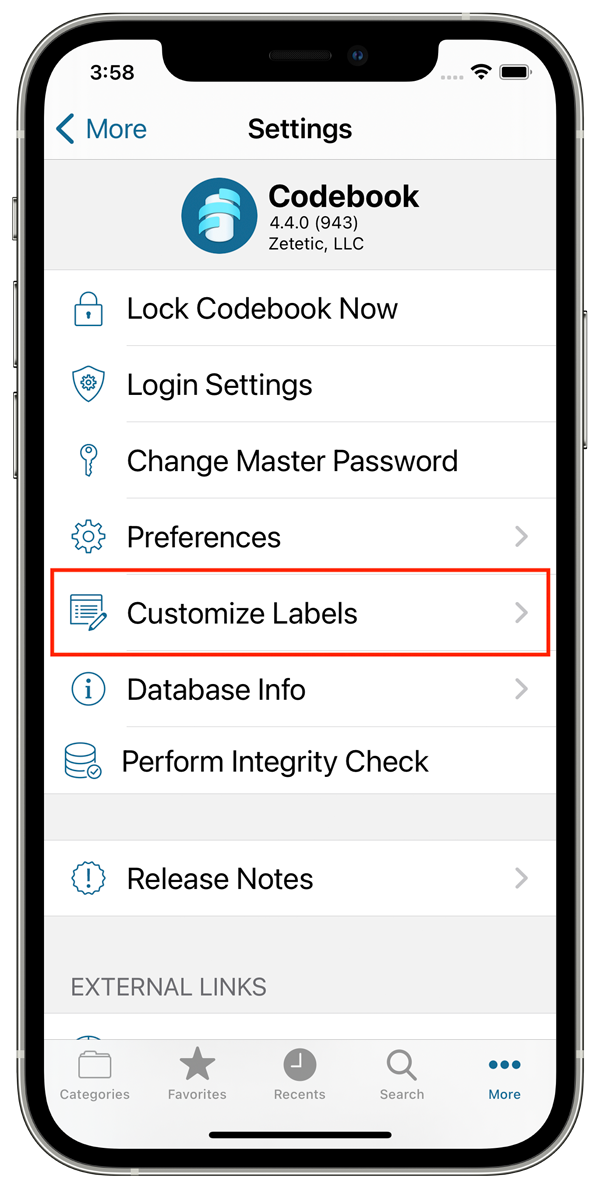 Customize Labels row in the Settings view