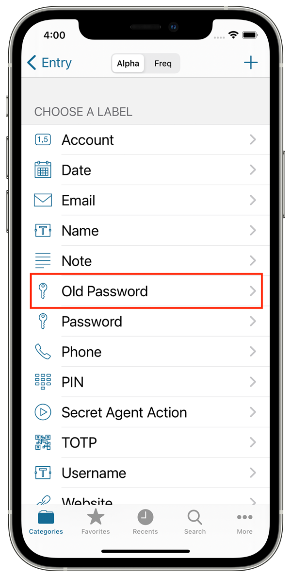 The Choose Label view for adding a new Field, with the Old Password label highlighted