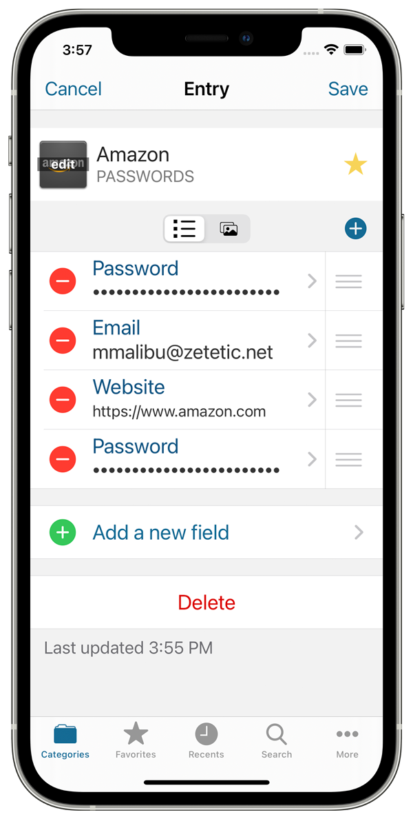 Entry with second Password Field added to the end of the Fields list