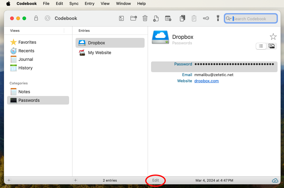 Dropbox Entry selected and the Edit Entry push-in button