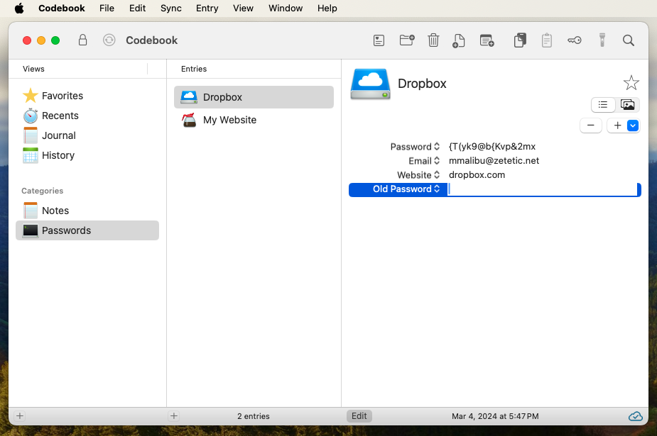 Old Password Field added to the Fields list on the Entry view