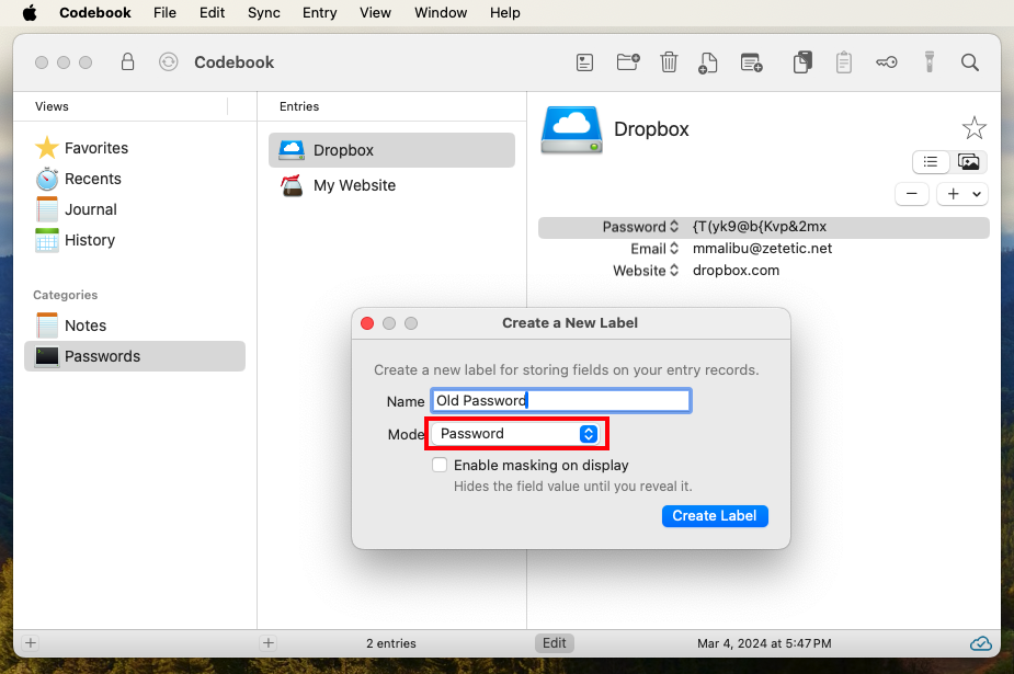 Label Mode pop-up button