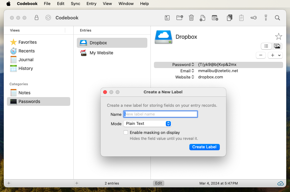 Create New Label window