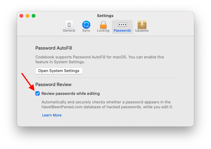 Codebook Preferences window, Passwords tab