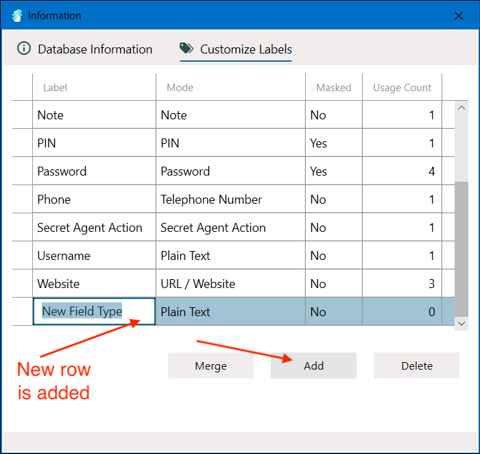 New Row for Adding on Customized Label