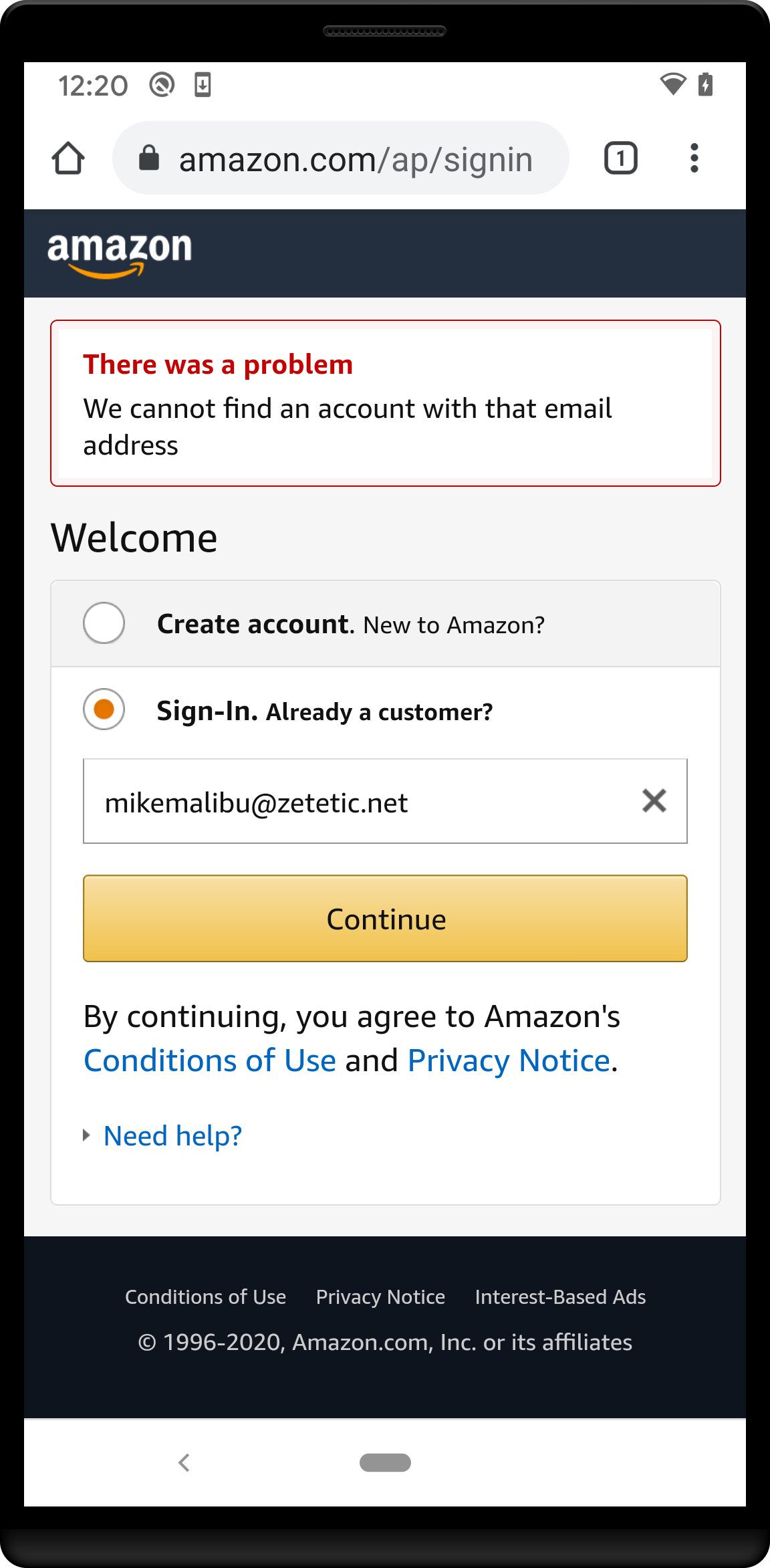 Amazon Sign In form with Email filled from Codebook