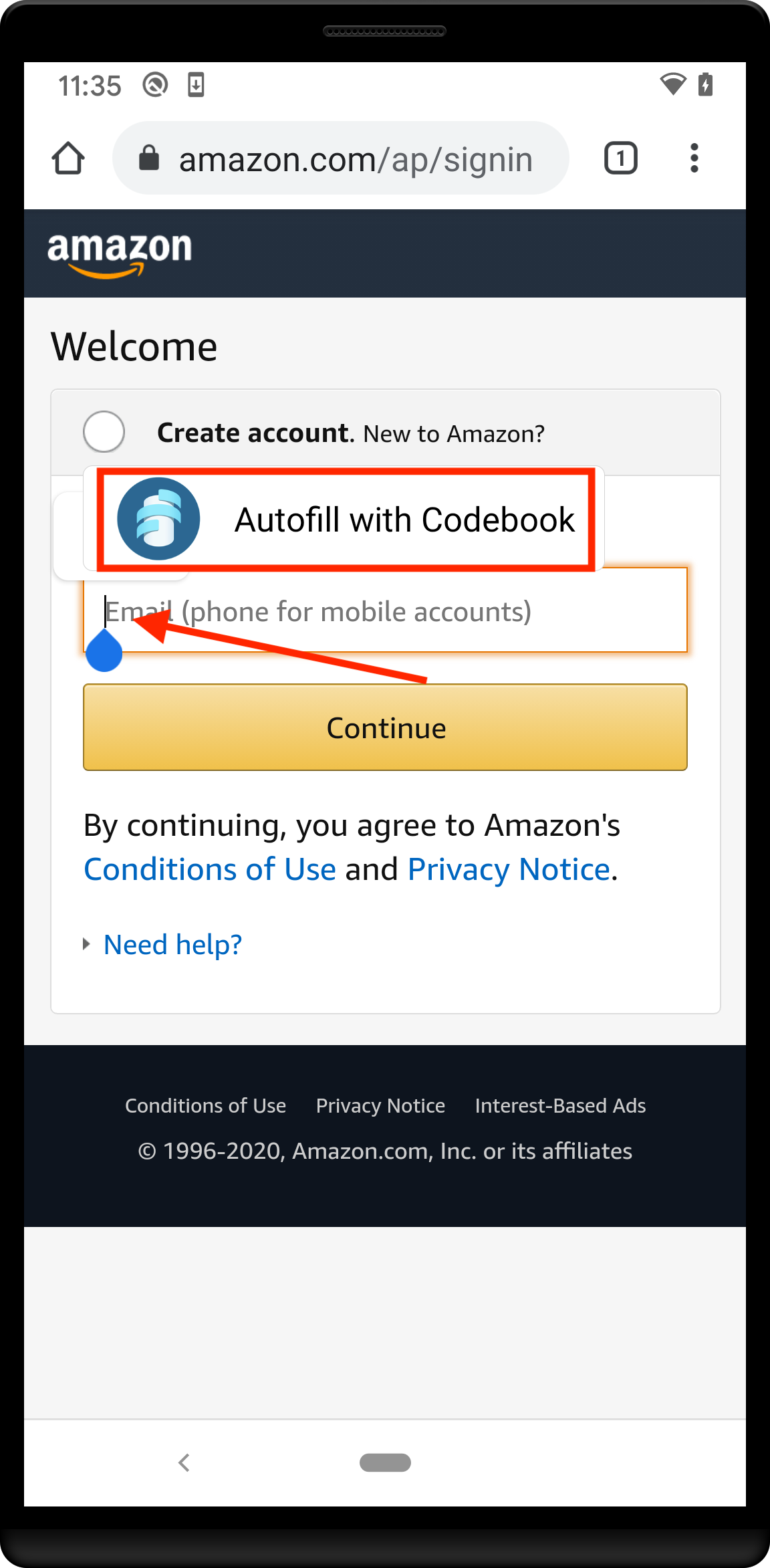 Amazon login form with prompt to sign in with Codebook