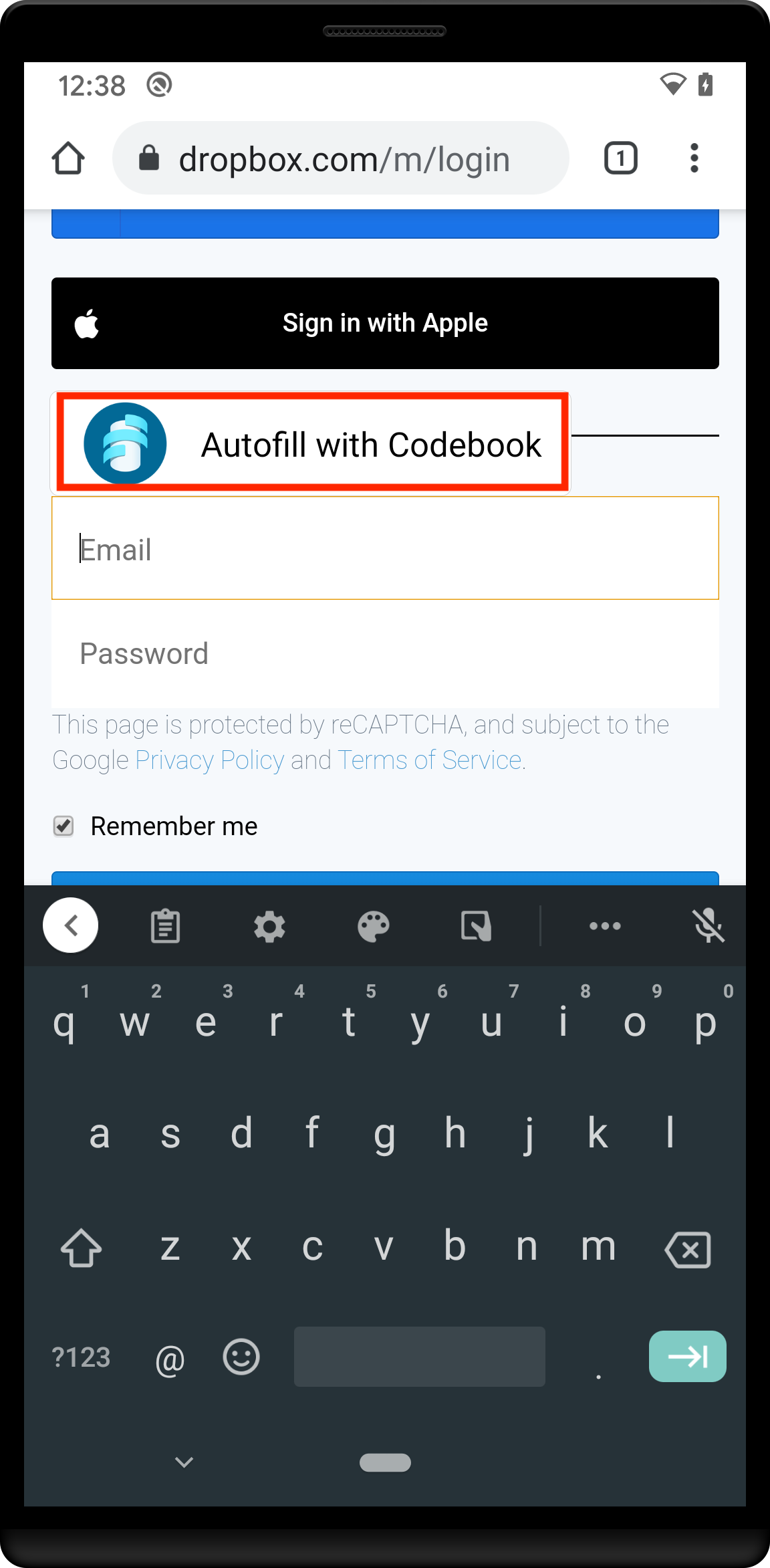 Sign In form on dropbox.com with Autofill for Codebook dialog displayed.
