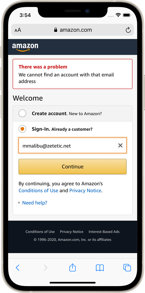 Amazon Sign In form with Email filled from Codebook
