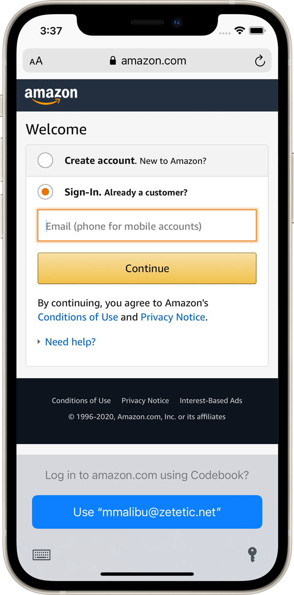 Amazon login form with prompt to sign in with Codebook