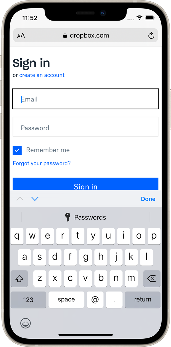 Sign In form on dropbox.com with Passwords button on the Keyboard
