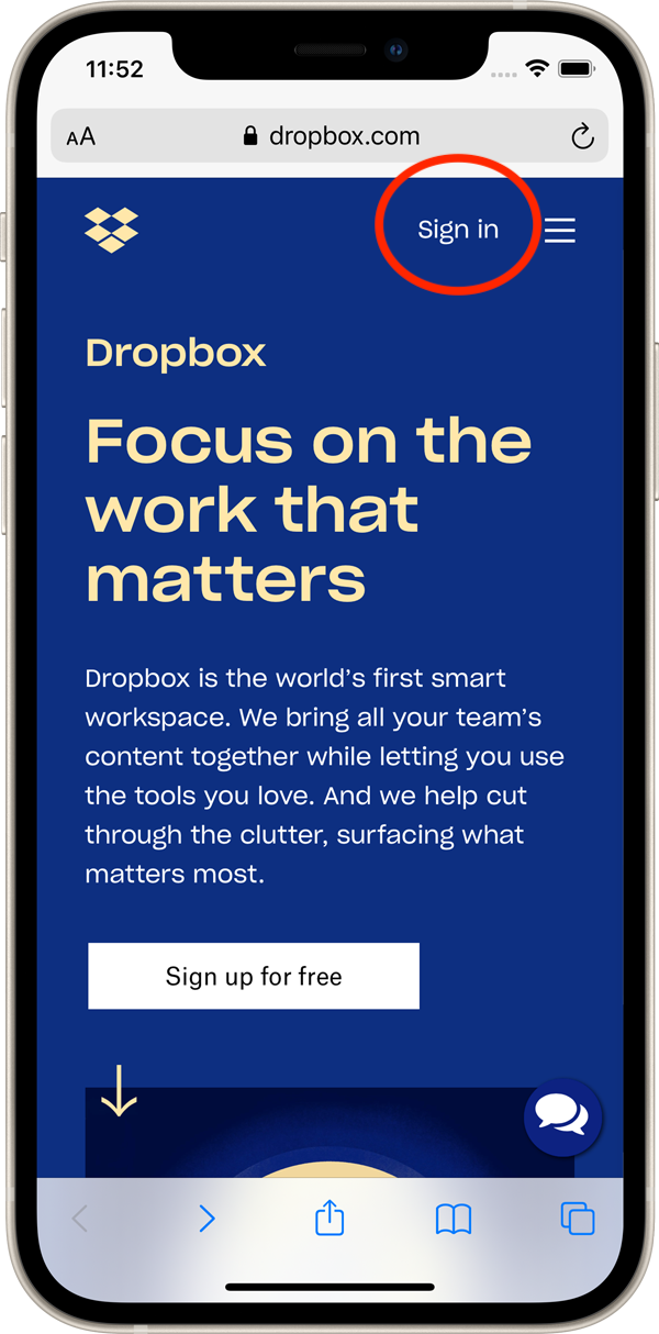 Sign In link on dropbox.com in Safari