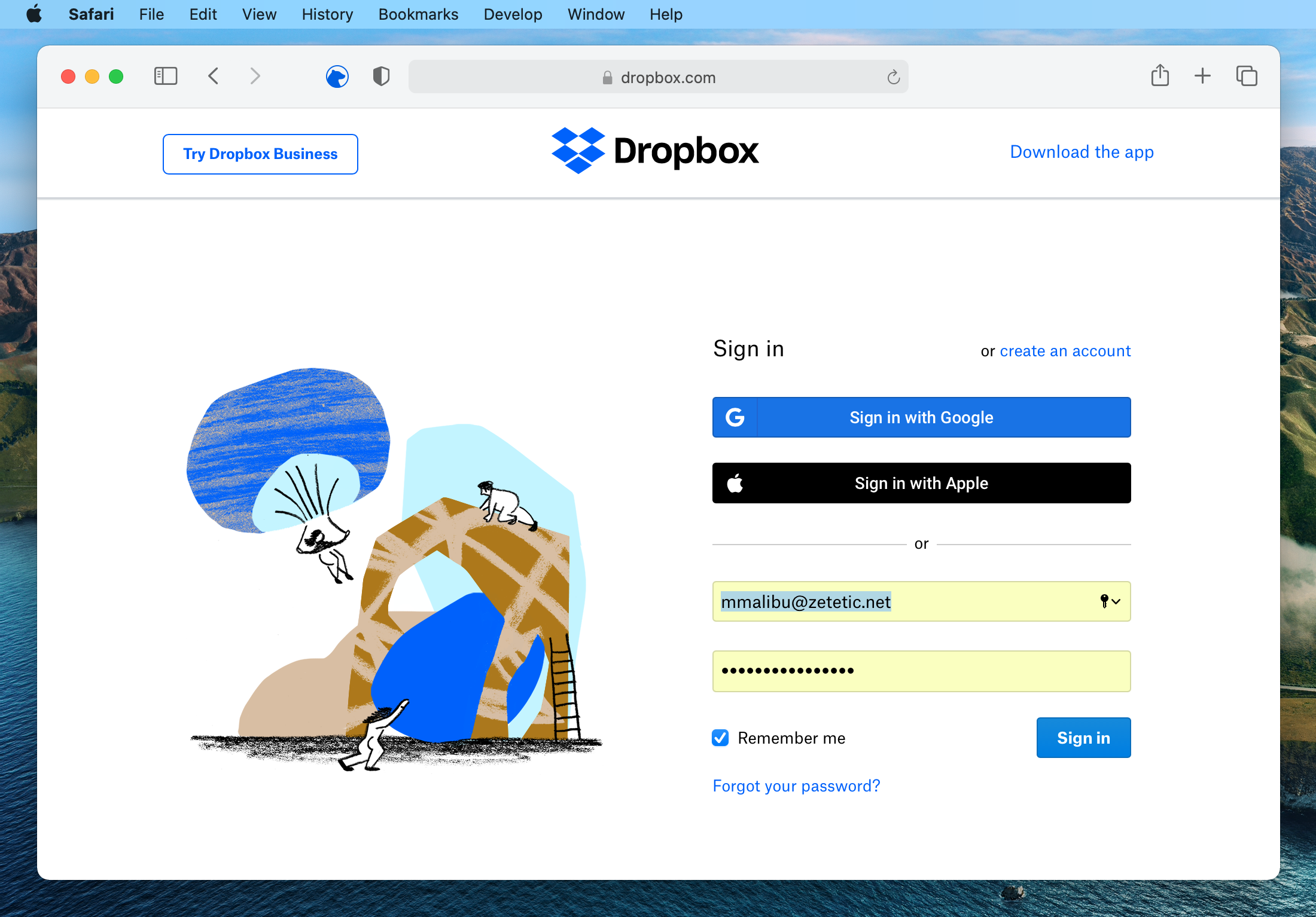 Completed AutoFill identity from suggestions menu with password from Codebook