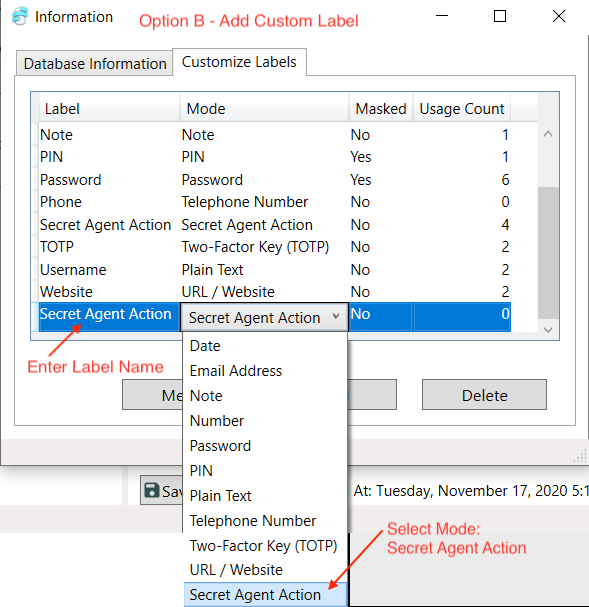 Add a custom label of type 'Secret Agent Action'