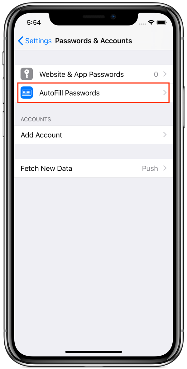 iOS Settings, Passwords and Accounts
