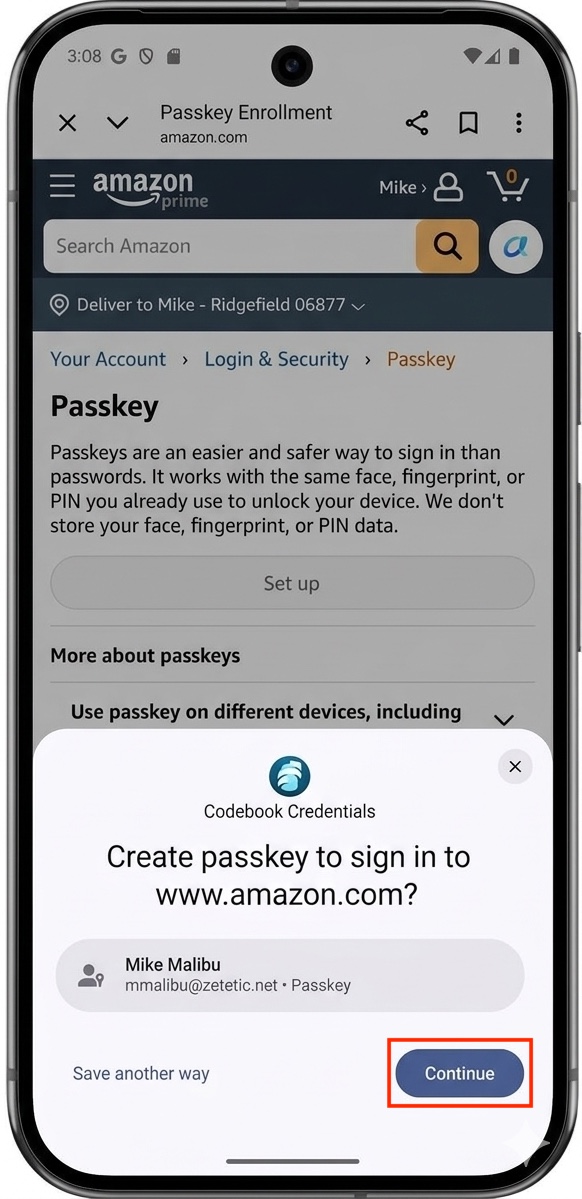 Sign In - Save a passkey? Continue