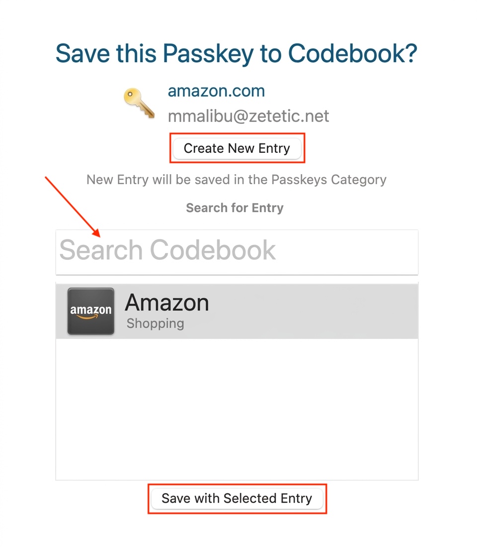 Save this Passkey to Codebook - with options