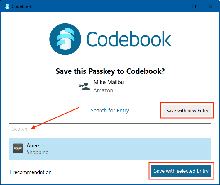 Save this Passkey to Codebook - with options