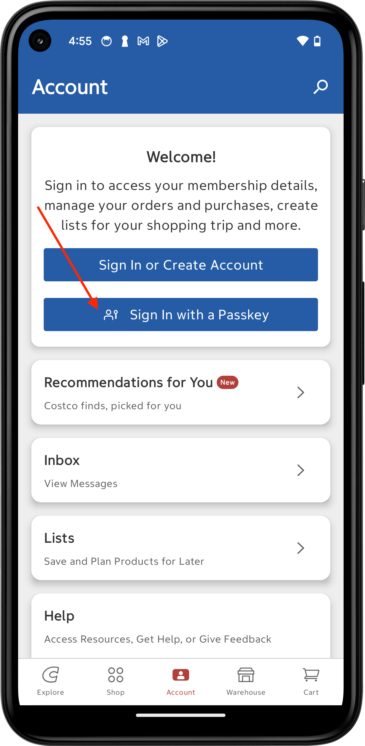 Sign In with a passkey on Costco