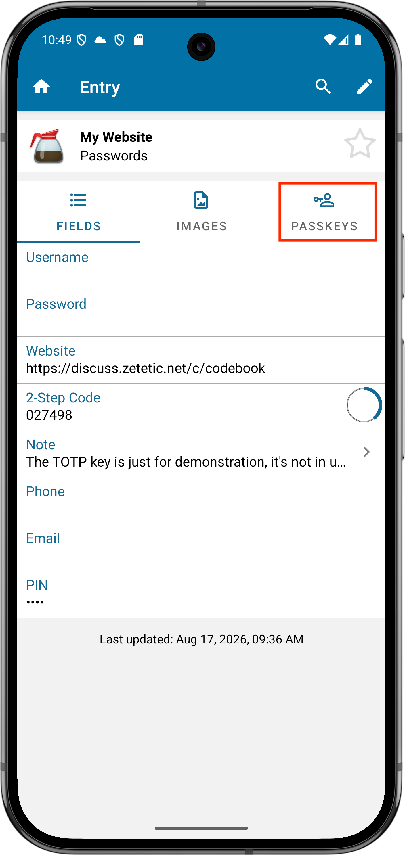 Codebook - Select passkeys view on an entry