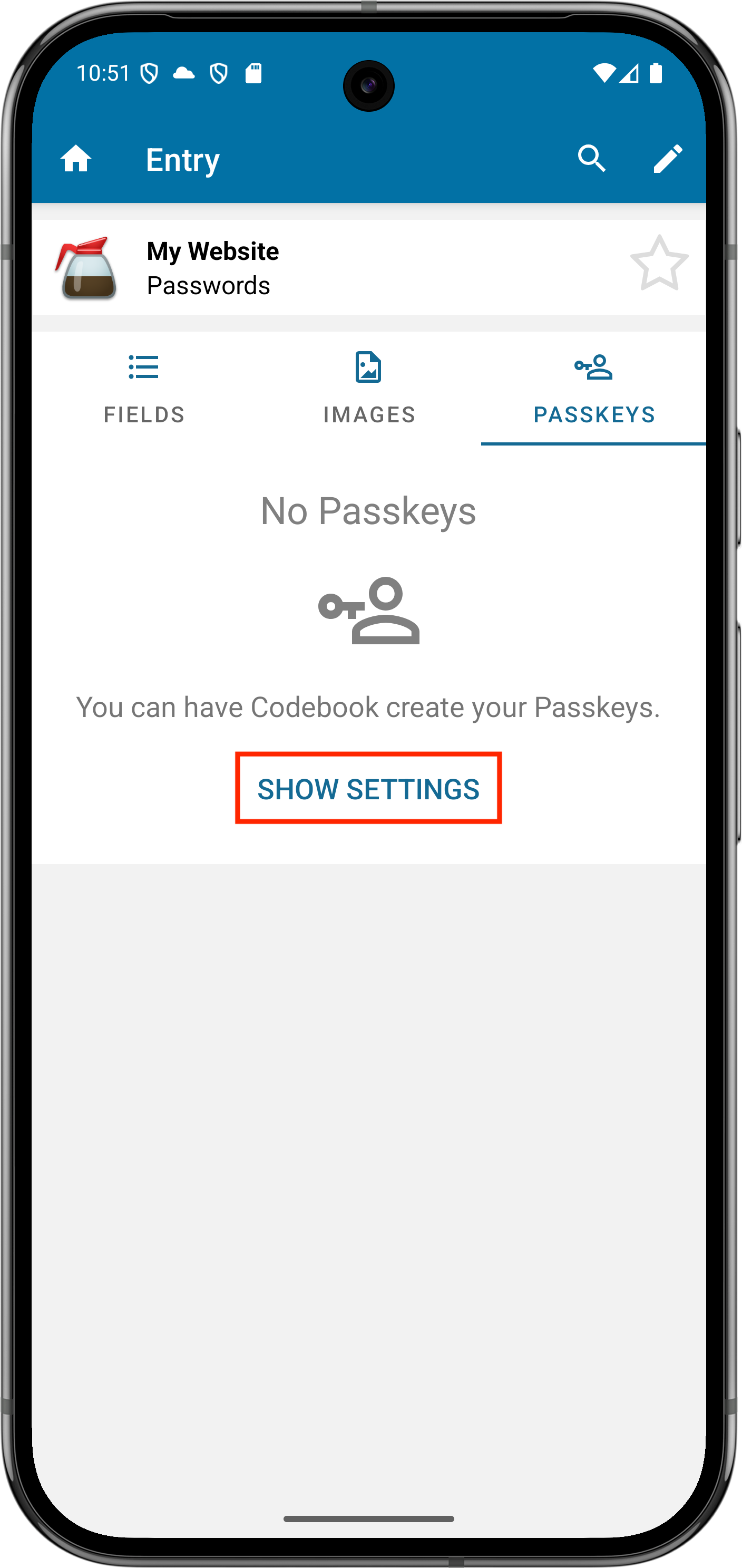 Passkeys view - Show Settings