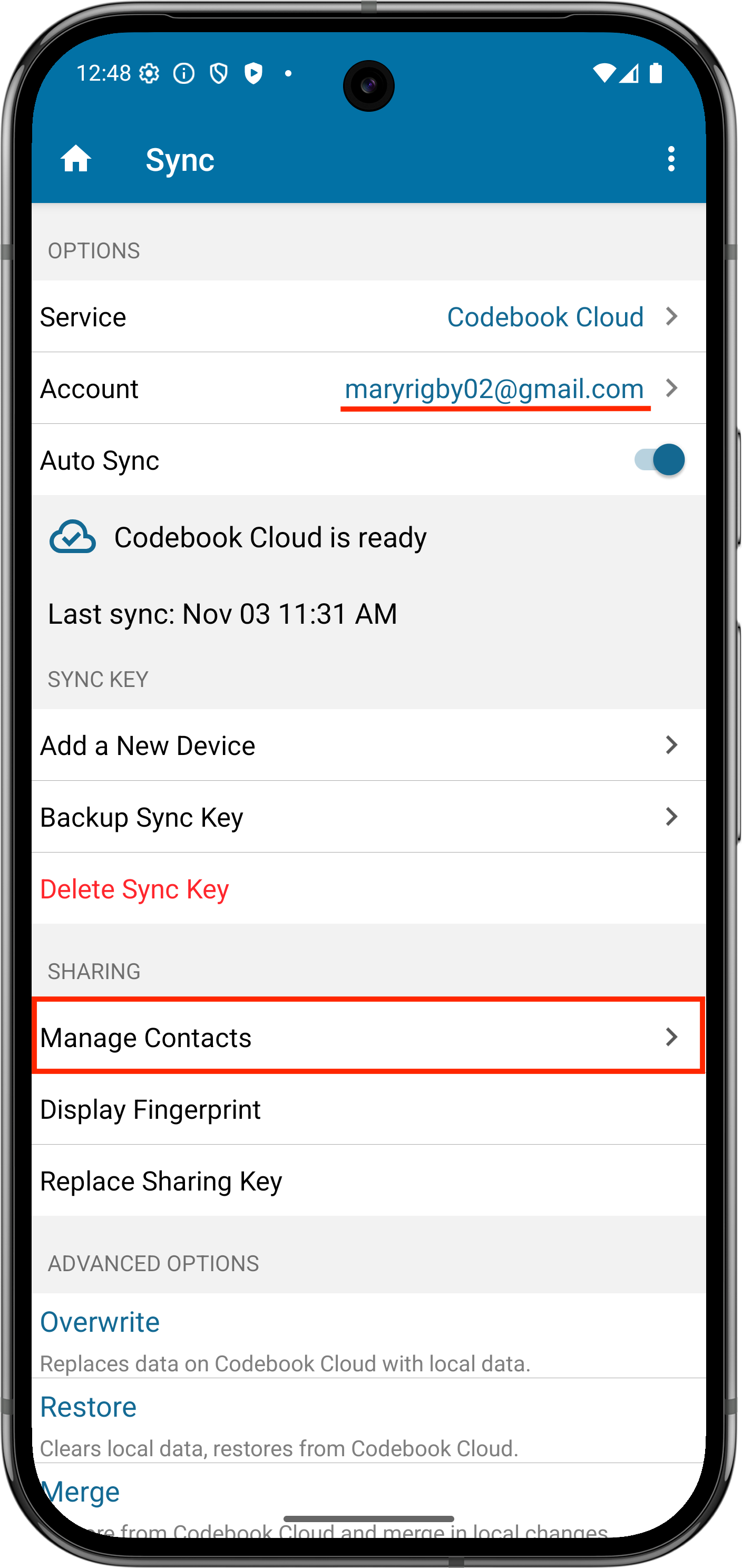 Navigation to Sync Sharing Manage Contacts Screen