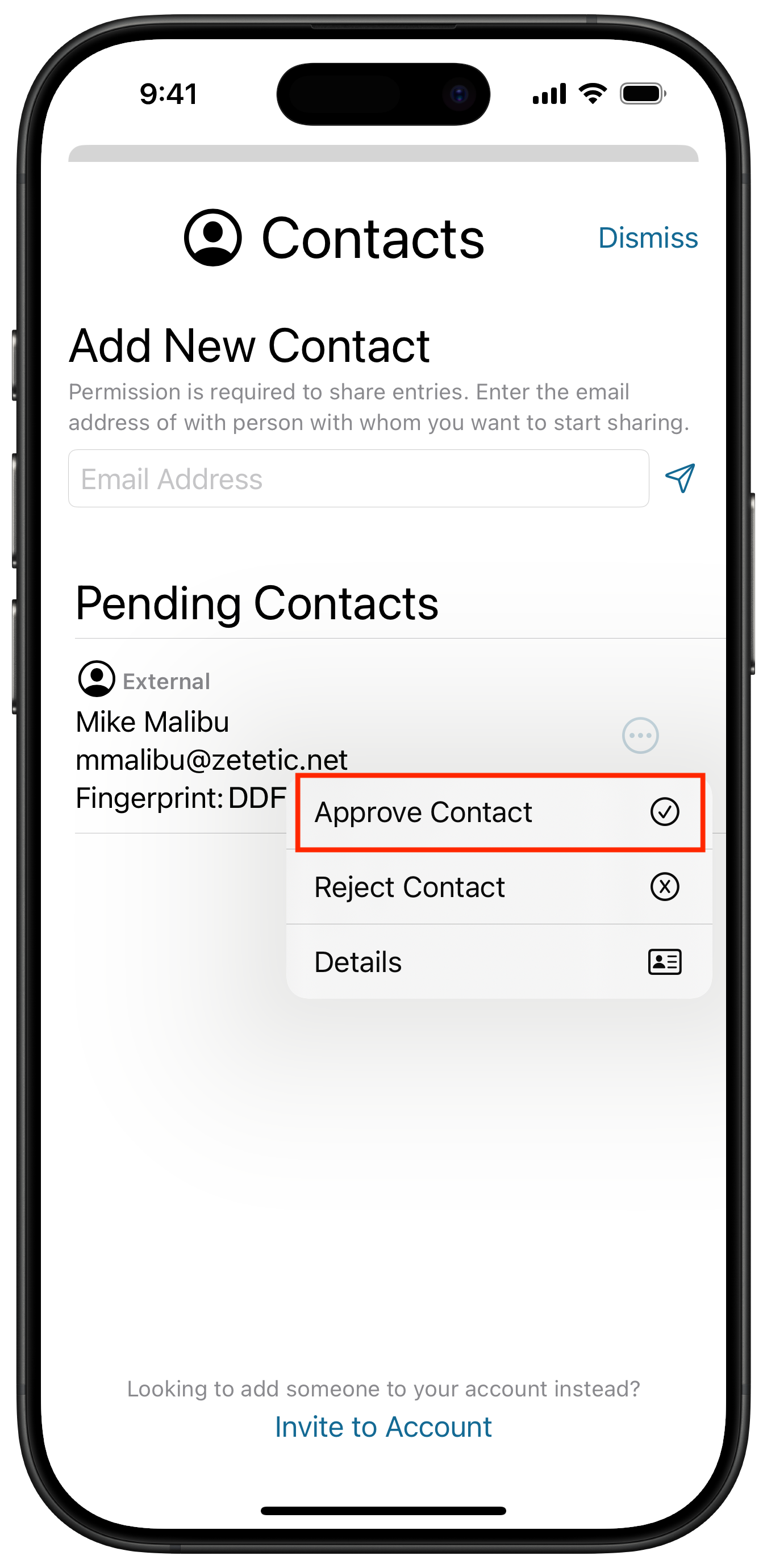 Sync Sharing - Manage Contacts - Pending Contacts Screen