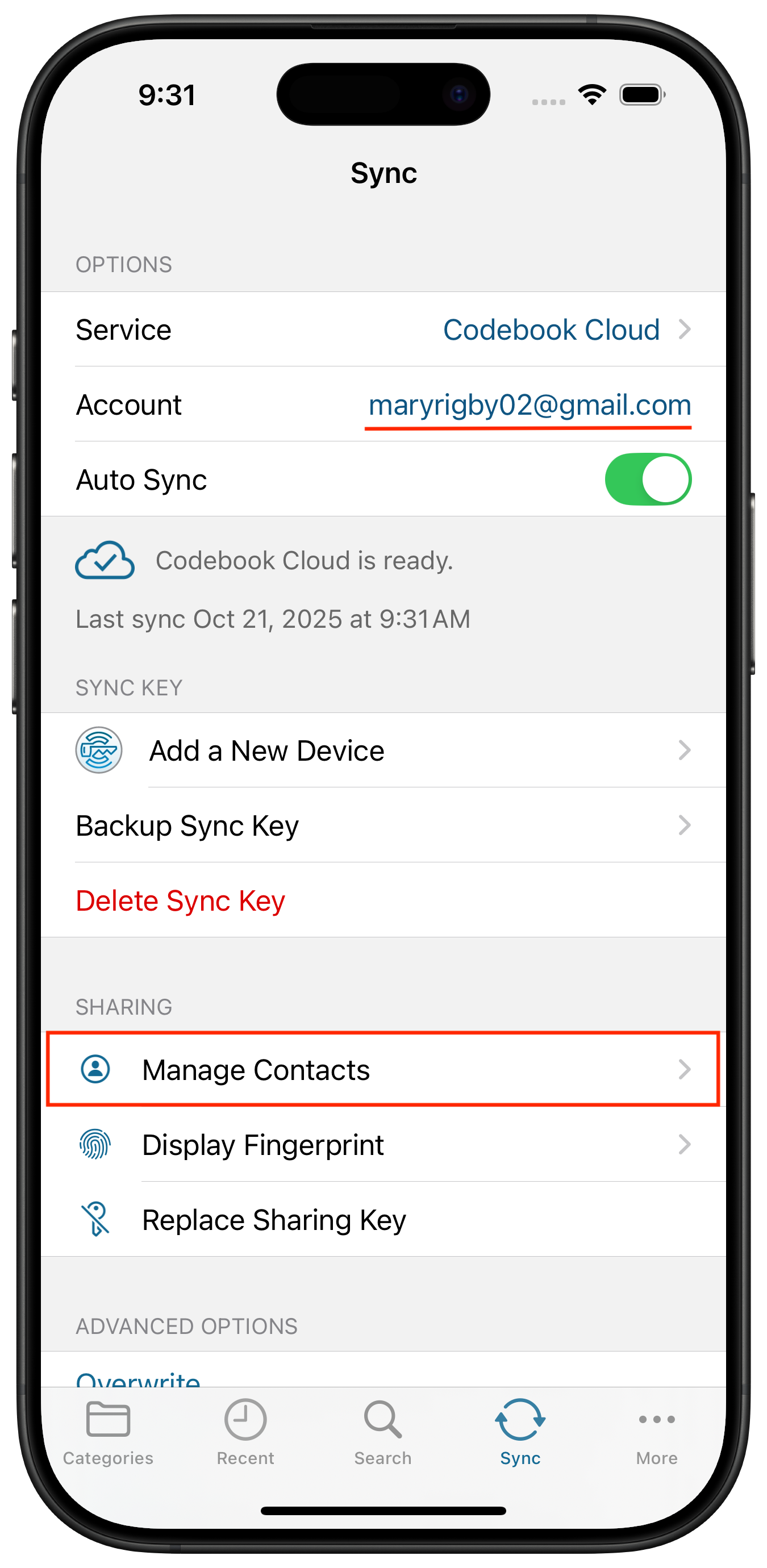 Navigation to Sync Sharing Manage Contacts Screen