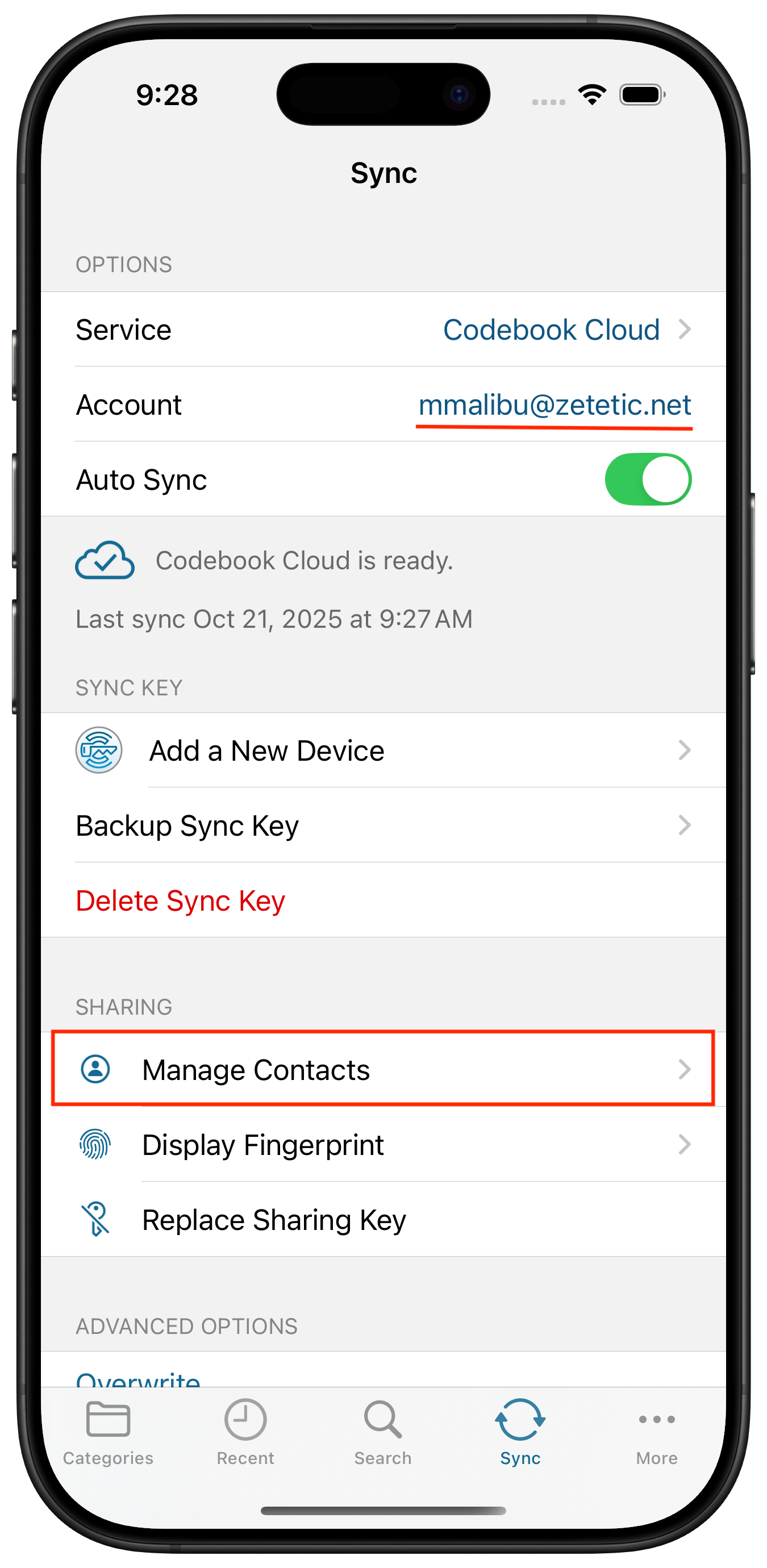 Sync Sharing Manage Contacts Screen